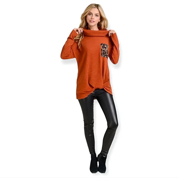 Rust Cowl Neck Leopard Print Pocket Long Sleeve Top - Picture 5 of 6